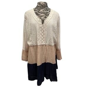 Boho Colorblock Tiered Tunic Top Plus 3X Crochet Trim‎ Beige Navy Flowy Western